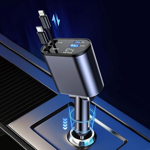 120W Fast Car Charger (2025 New Version) with 80CM Retractable Type-C & 30-pin Port Cables – Simultaneous Charging for 4 Devices – Universal Car Mobile Charger for All Smartphones & Tablets