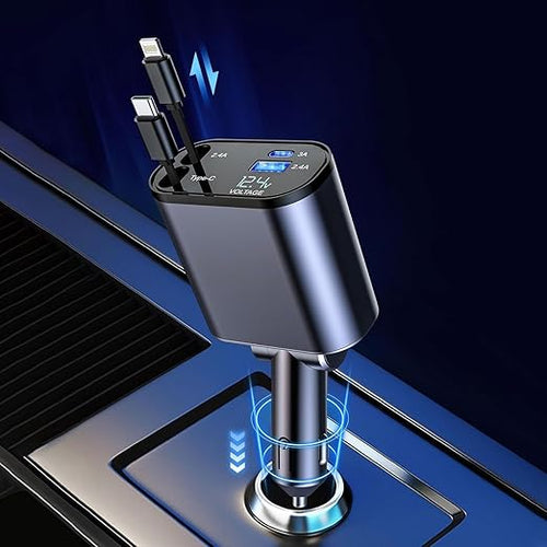120W Fast Car Charger (2025 New Version) with 80CM Retractable Type-C & 30-pin Port Cables – Simultaneous Charging for 4 Devices – Universal Car Mobile Charger for All Smartphones & Tablets
