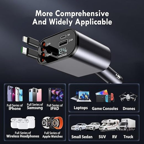 120W Fast Car Charger (2025 New Version) with 80CM Retractable Type-C & 30-pin Port Cables – Simultaneous Charging for 4 Devices – Universal Car Mobile Charger for All Smartphones & Tablets