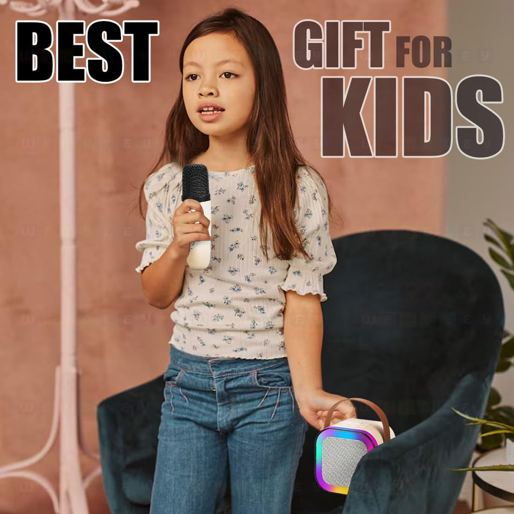 Rechargeable Karaoke Mic with Speaker for Singing | Wireless Mini Portable Bluetooth Speaker with Microphone & LED Lights | Cute Birthday Gift..