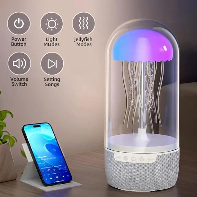 Jellyfish Lamp Bluetooth Speaker – 7 Color Changing LED Night Light, Smart BT Speaker with Floating Jellyfish Effect, 1500mAh Rechargeable Battery, Upto 6 Hours for Home, Office