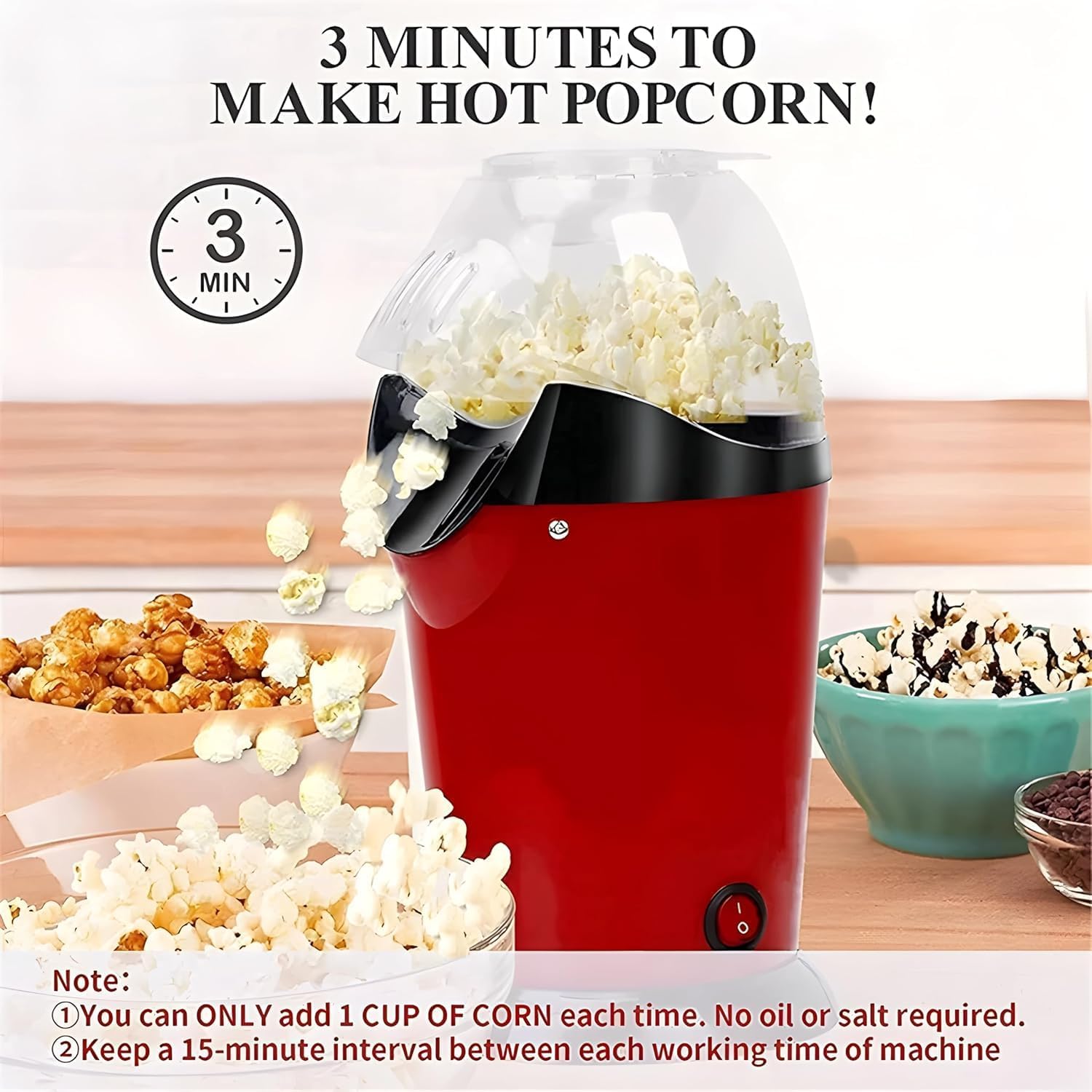 Electric Popcorn Maker Hot Air Popper Machine 1200W | Oil-Free, Healthy Snack Maker for Kids & Adults | Fast Popper for Home, Movie...